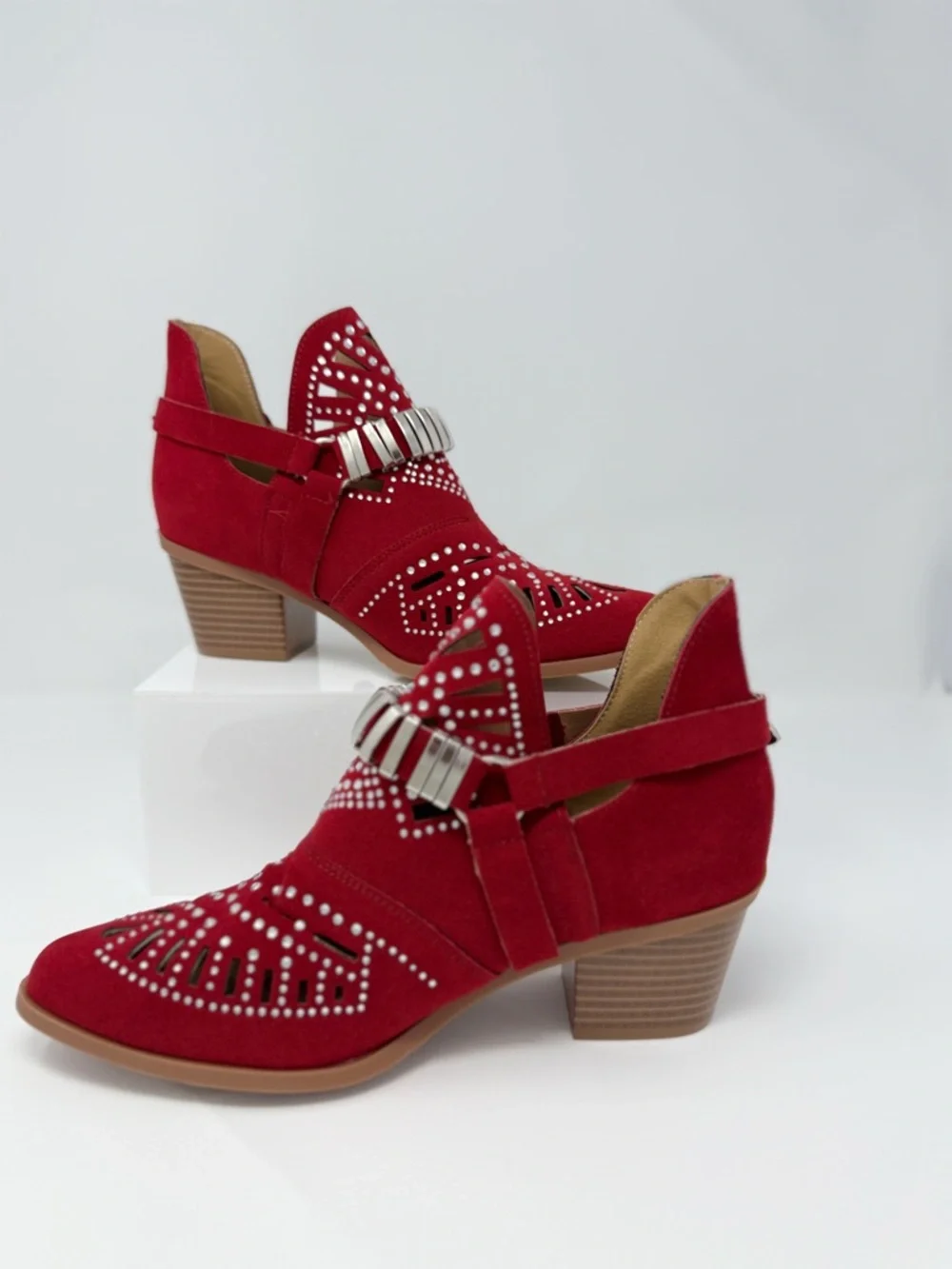 Red Rhinestone Western Ankle Boots Studded Cutout Buckle Booties Size 8 EU 39 - Picture 12 of 16
